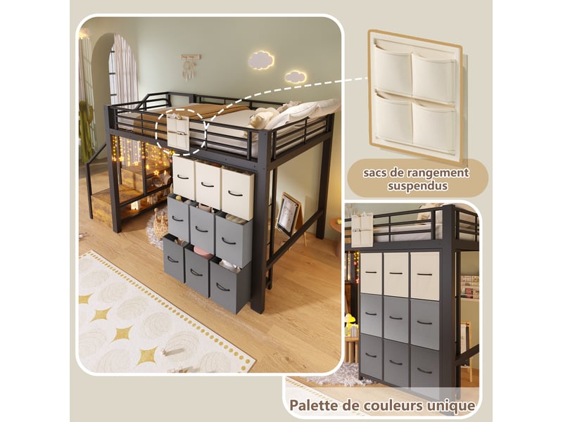  Lit mezzanine 140x200 cm avec tiroirs, penderie, garde-corps et escalier de rangement mdf métal noir sans matelas  - Conforama E