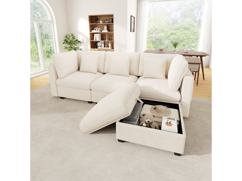 Canapé d’angle modulable avec rangement xl 4 places 226 x 147 x 81 cm canapé en l avec méridienne et pouf chenille beige - Conforama B
