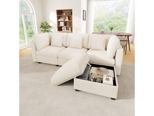 Canapé d'angle panoramique fixe <strong></strong> <strong></strong> 4 places Tissu beige avec coffre de rangement