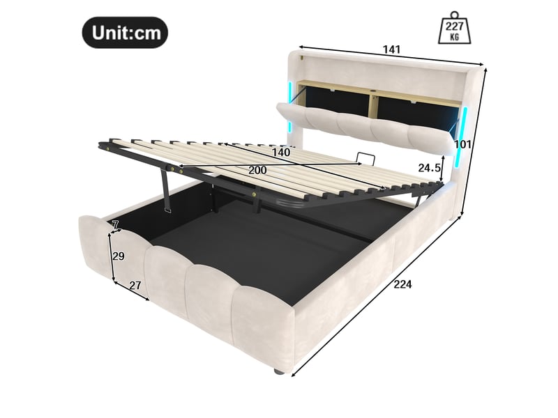  Lit coffre rembourré - coffre hydraulique, led, usb - 140x200 cm - tête lit rangement, usb et usb-c - velours - beige Bubbly - Conforama C