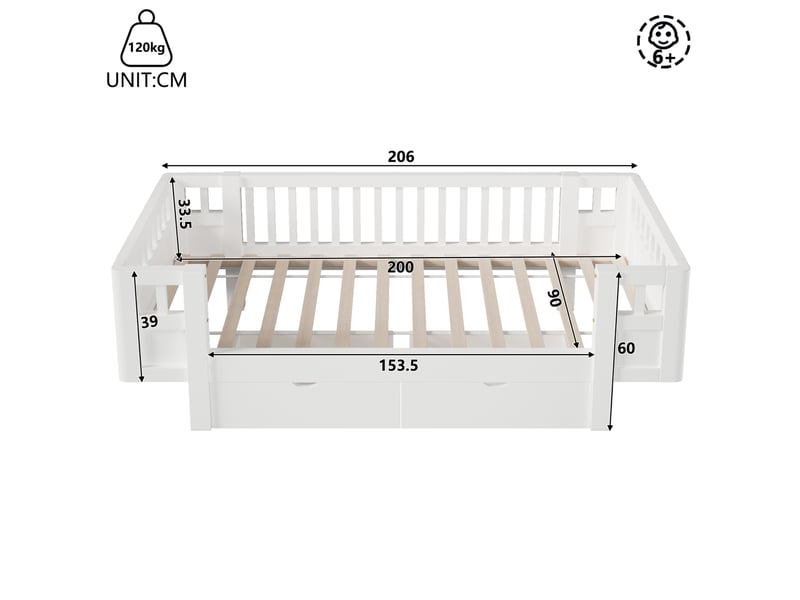 Lit enfant modenvie 90 x 200 cm avec barrière de protection et 2 tiroirs de rangement, blanc  - Conforama C
