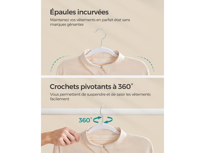  Cintres 50 pièces, cintres en plastique, antidérapant, peu encombrant, épaisseur 0,5 cm, largeur 42 cm, crochet pivotant à 360° argent, blanc  - Conforama C