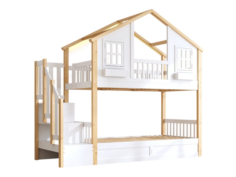  Lit superposé enfant,90x200 cm,avec led et escalier de rangement,blanc et naturel  - Conforama D