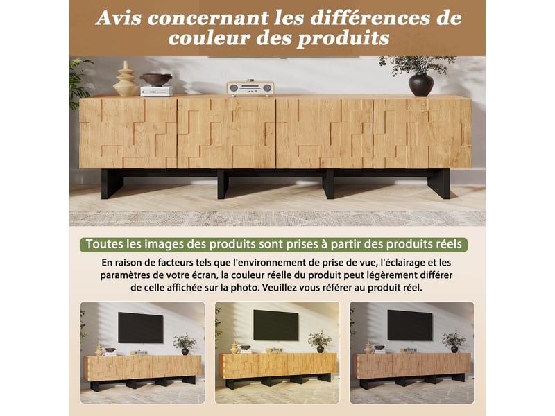  Meuble tv, support télévision, avec 4 placards de rangement, style design, bois naturel  - Conforama E
