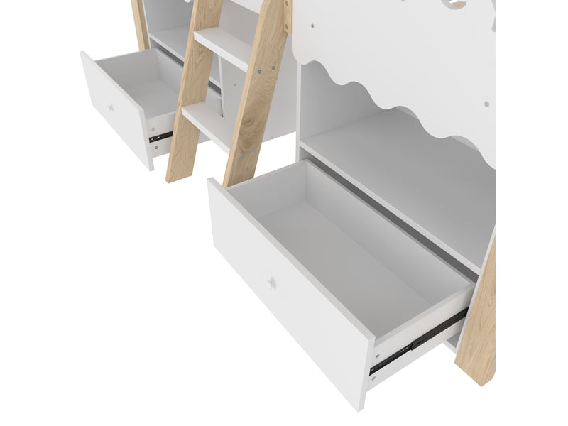  Lit surélevé 90x200 cm, forme maison, bois blanc + naturel, équipé de 2 tiroirs et de led, sans matelas  - Conforama E