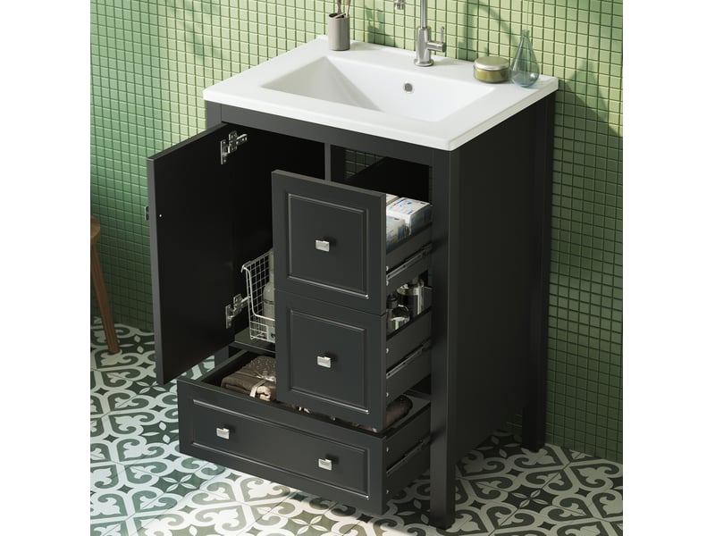  Meuble vasque sur pied 62x47x90 cm avec 3 tiroirs noir  - Conforama E