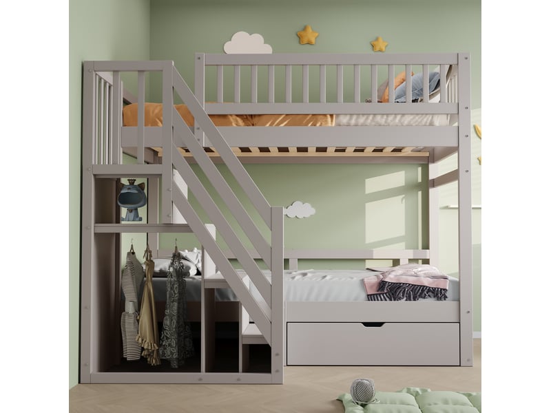 Lit superposé 90x200 cm, bois, échelle de rangement, tiroirs de rangement, gris, sans matelas  - Conforama B