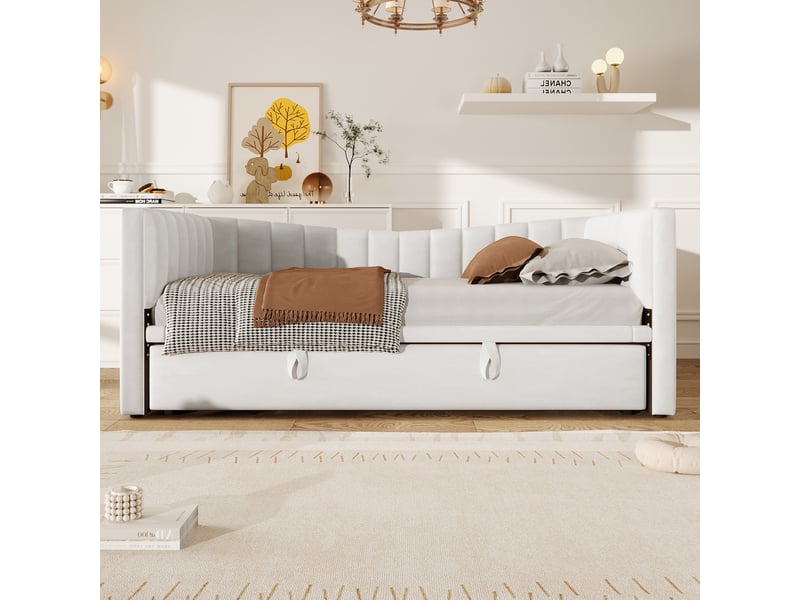  Lit banquette 90x200 extensible 180x200 avec lit gigogne, canapé lit en velours blanc, cadre mdf  - Conforama B