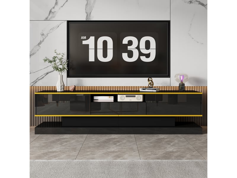 Meuble tv moderne avec trois tiroirs et un compartiment ouvert - finition laquée brillante avec éclairage led multicolore, 180 x 38 x 45 cm  - Conforama C