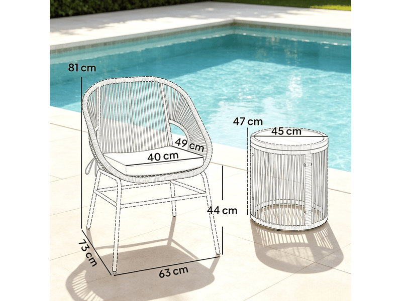  Salon de jardin 2 fauteuils avec table ronde – 63x73x81 cm – beige – coussins déhoussables et plateau en verre trempé  - Conforama C