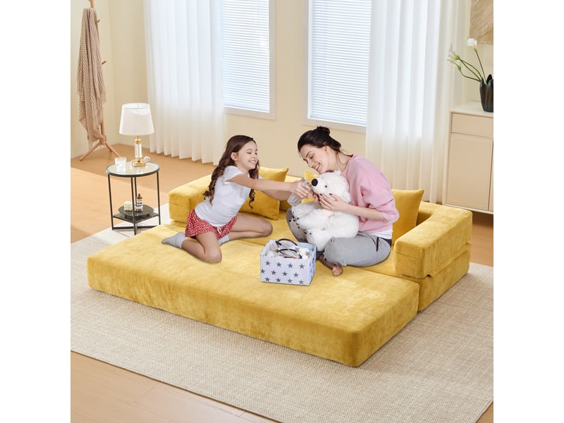  Canapé-lit convertible compressée modulable 3 places,198x79x60cm,avec poches latérales et base anti-glisse,chenille,jaune moutarde  - Conforama W