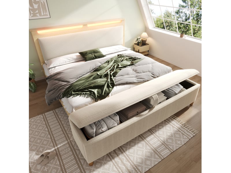  Lit double 140x200 cm, bois, beige, doté de banquette de rangement, tête de lit avec rangement et éclairage led, matelas inclus  - Conforama D