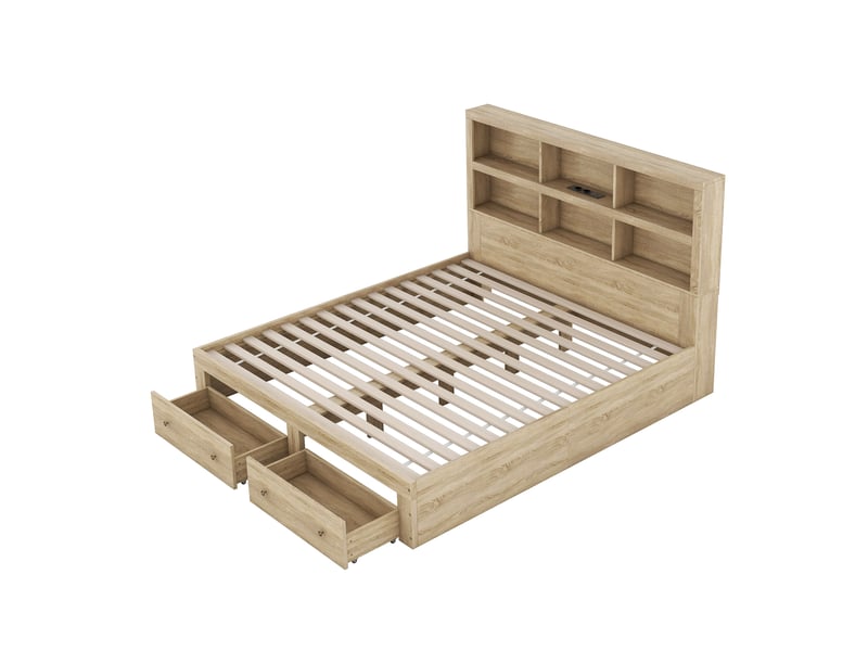 Lit avec rangement 160x200 cm - 6 compartiments en tête de lit, 2 tiroirs de rangement - port usb intégré - lit 2 personnes - bois - Conforama W
