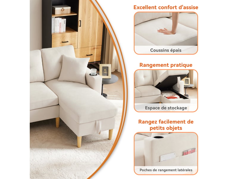  Canapé d'angle 3 places beige en tissu aspect lin avec chaiselongue et rangement intégré  - Conforama R