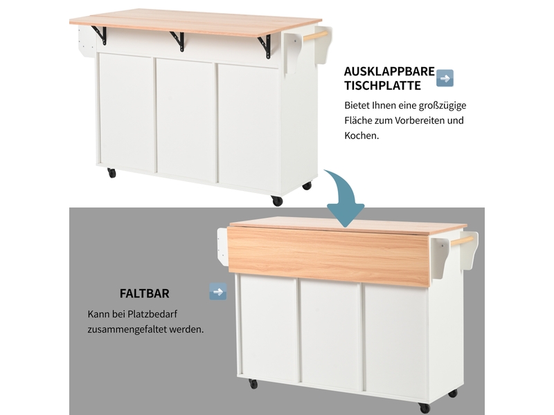  Desserte de cuisine avec 3 tiroirs, niches réglables, plateau rabattable, porte-serviettes et roulettes, en mdf, 139×46×91,5 cm  - Conforama E