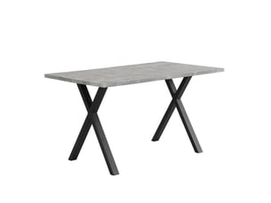 Table à manger 140x80x76 cm, pieds croisés, structure métal, plateau mdf, finition béton, noir et gris
