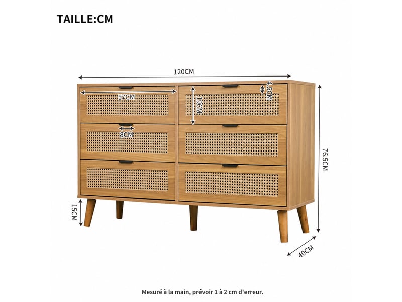  Commode 6 tiroirs – décor rotin rétro – noyer – 120 x 40 x 76,5 cm  - Conforama D