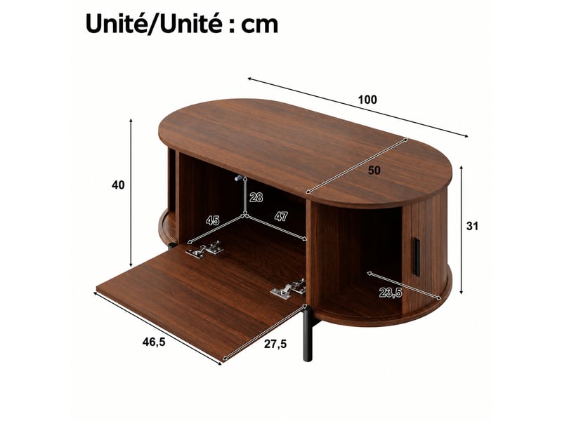  Table basse ovale effet noyer et rotin avec rangement, 100 x 50 x 40 cm  - Conforama C