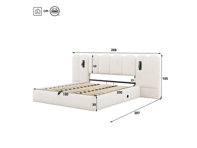  Lit coffre 180 x 200 cm, lit double avec longue tête de lit, liseuses réglables et ports de charge usb, velours beige  - Conforama C