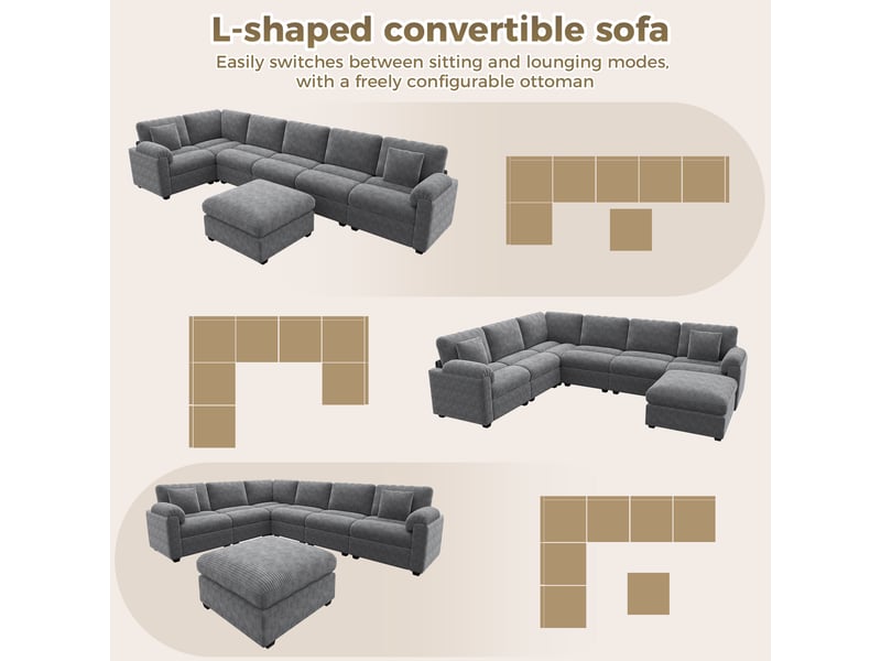 Canapé d’angle modulable 7 places 274,5x210,5x85,5 cm avec pouf et coussins, grand canapé salon en velours côtelé gris OPULERANE TRADING LTD - Conforama E