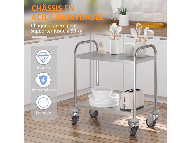 Chariot de service desserte de cuisine à roulettes 2 étagères 80l x 45l x 82h cm inox acier. Chromé - Conforama W