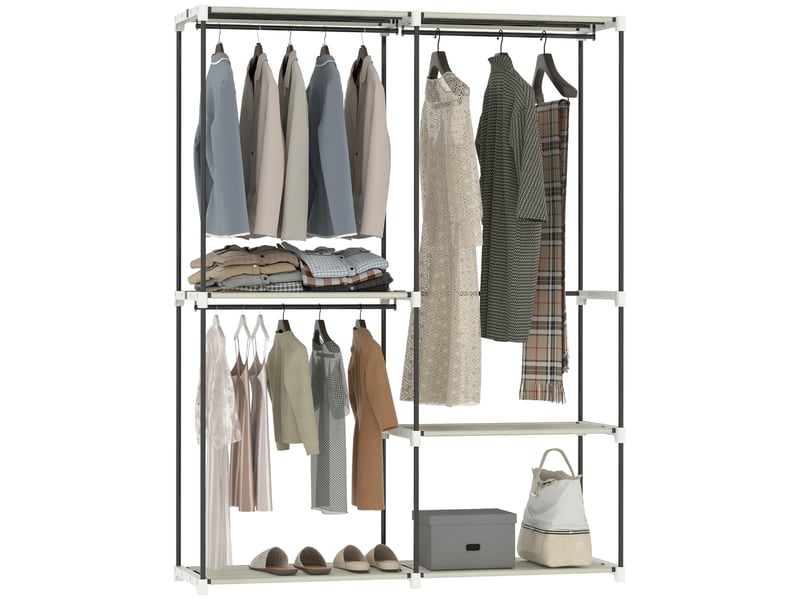  Armoire ouverte avec 4 étagères en tissu, 3 tringles à vêtements, structure métallique, 142 x 43 x 185 cm, crème  - Conforama A
