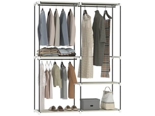 Armoire ouverte avec 4 étagères en tissu, 3 tringles à vêtements, structure métallique, 142 x 43 x 185 cm, crème