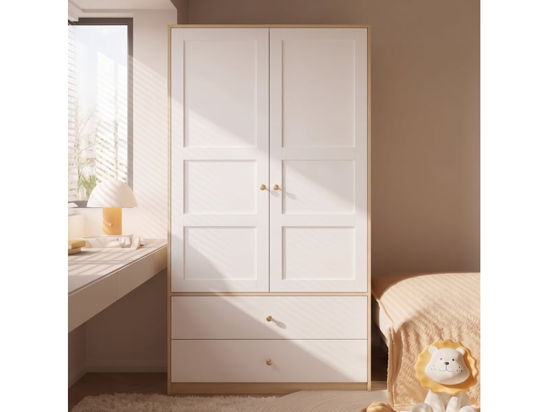 Armoire 2 portes modenvie 100 x 48 x 180 cm avec 2 tiroirs et tringle mdf blanc et naturel - Conforama D