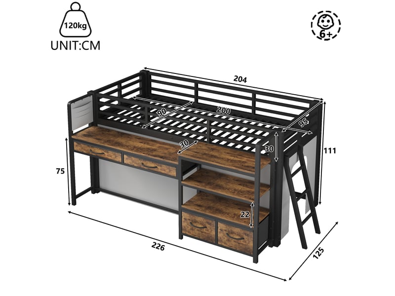  Lit mezzanine enfant 90x200 cm noir en métal avec bureau, rangements, led multicolore, sans matelas  - Conforama C