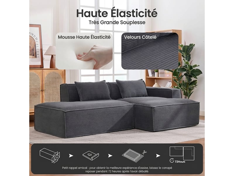  Canapé compact 235 cm 2 places gris - assise souple à ressorts ensachés avec 2 coussins  - Conforama D