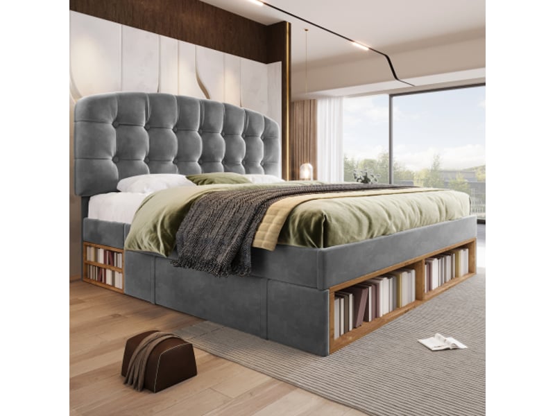  Lit double rembourré 140x190, velours gris, sommier à lattes, tête incurvée réglable, tiroirs, rangement, sans matelas  - Conforama C