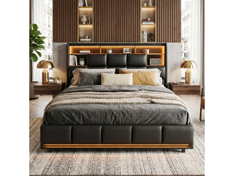  Dreammespace lit coffre 140x190 cm - lit adulte 2 places avec rangement prises et led tête de lit rabattable, métal et simili cuir pu noir DreamMespace - Conforama B