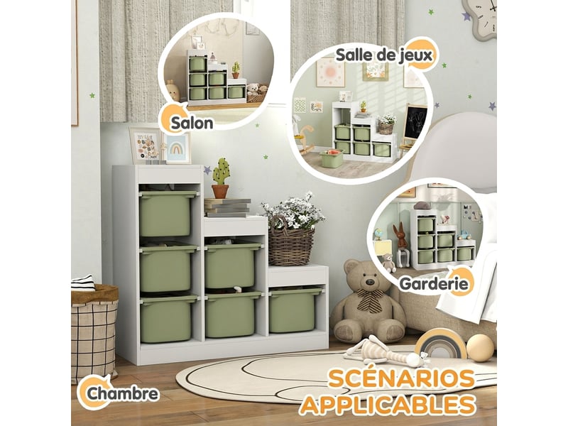 Meuble de rangement pour jouets des enfants avec 6 bacs amovibles, 3 niveaux de rangement, 96 x 38,5 x 90, vert - Conforama E