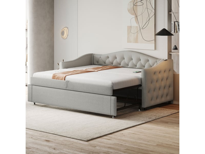  Lit rembourré 90x200 cm avec port usb, canapé-lit en lin, lit simple capitonné et sommier à lattes, gris  - Conforama A
