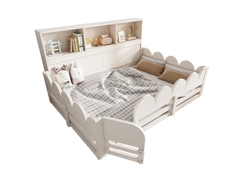 Lit enfant bas 140 x 200 cm blanc avec barrières, porte, étagères et sommier à lattes - Conforama A