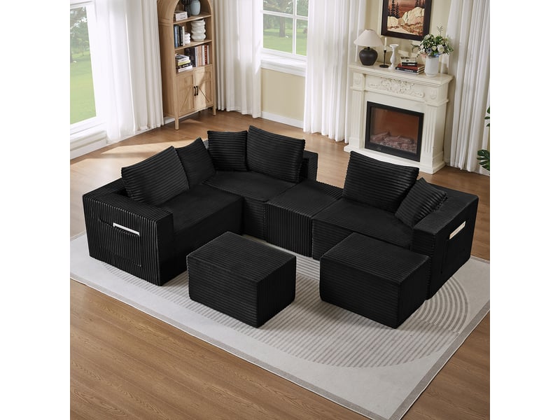 Canapé modulable 6 places en velours côtelé noir, assise souple et composition flexible IKSETERA TRADING LTD - Conforama E