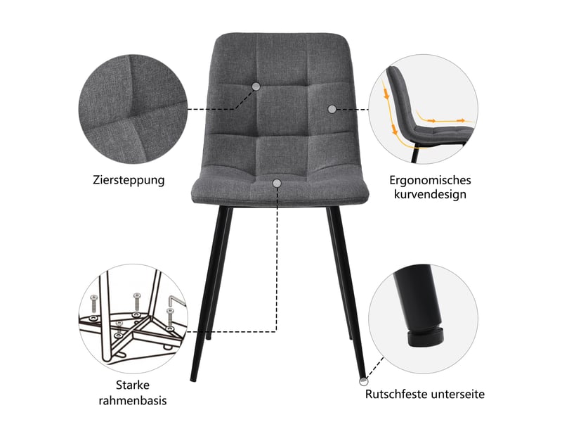  Ensemble repas 5 pièces, table mdf motif marbre, pieds métal réglables, grande capacité, 4 chaises lin et mousse, gris  - Conforama E