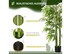 Bambou artificiel réaliste vert 140 cm avec pot, 780 feuilles, décoration pour salon, chambre, bureau et jardin