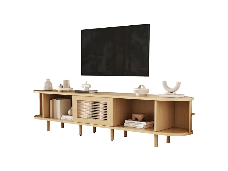Meuble tv bois clair 180 cm avec portes coulissantes, finition effet rotin, pour tv jusqu'à 75 pouces - Conforama A