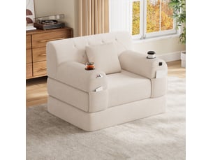 Canapé convertible 1 place 107x80x81 cm – beige – dossier haut, repose-pieds et rangements intégrés