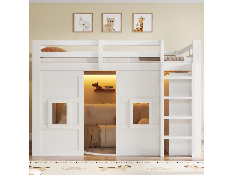  Lit mezzanine 140x200cm blanc, armoire réversible sous le lit, 2 fenêtres décoratives, escalier intégré, led multicolore et garde-corps, gain de place  - Conforama C