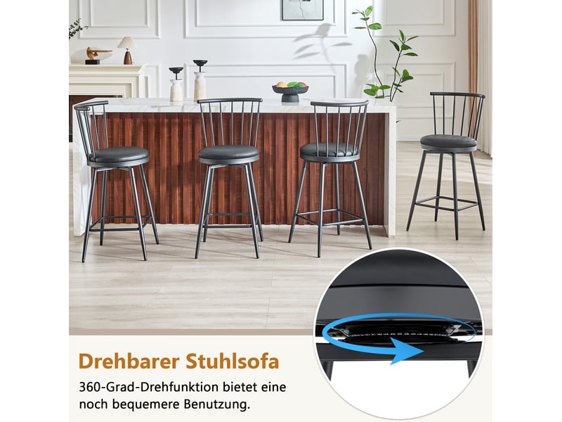  Tabouret de bar en style windsor avec assise rembourrée et repose-pieds, design industriel, en pu, noir  - Conforama E