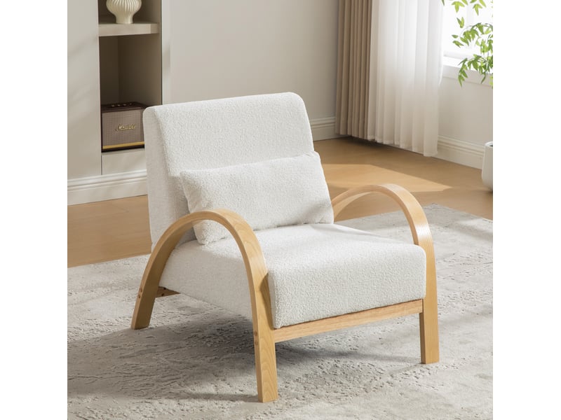  Fauteuil lounge tcqpz scandinave en chenille ivoire avec structure en bois pour salon et chambre  - Conforama D