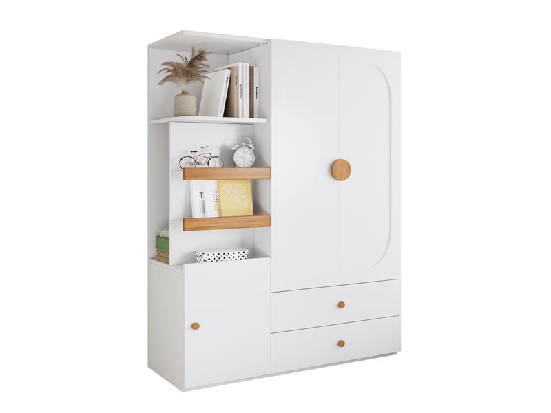 Armoire penderie 125x50x180 cm blanche et naturelle en mdf, avec étagères ouvertes, tiroirs et tringle - Conforama A