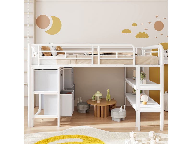 Lit mezzanine bas enfant 90 x 200 cm blanc en métal avec escalier large, coins arrondis, tiroirs, étagères et rangements gain de place - Conforama C