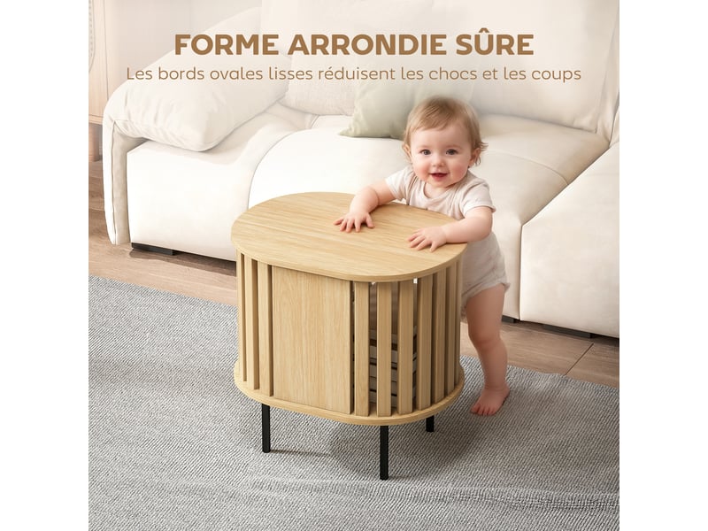  Table d'appoint ovale bout de canapé rangement ouvert pieds en acier design à lattes 50x39x50cm effet bois naturel  - Conforama E