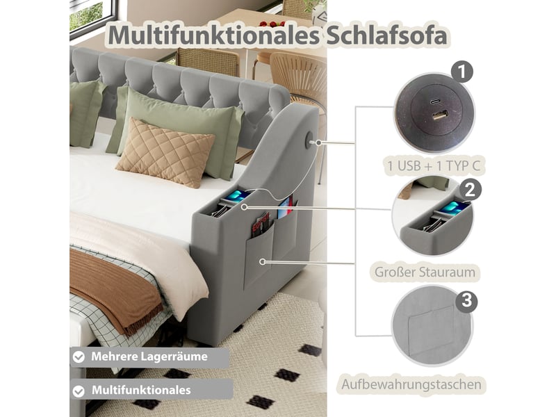  Canapé-lit velours gris 90x180x190 cm – port usb, rangements et poches latérales  - Conforama E