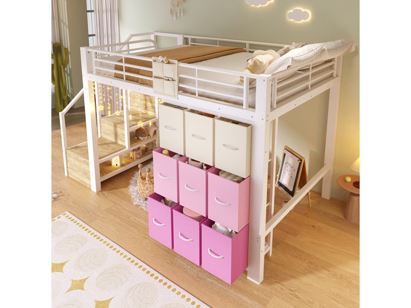  Lit mezzanine 140×200 cm sans matelas, structure métal, tiroirs, penderie, échelle de rangement, blanc  - Conforama C