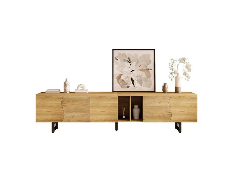  Meuble tv bois naturel 191 cm avec portes incurvées et rangement banc tv design minimaliste  - Conforama A