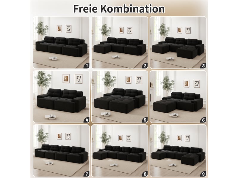 Canapé d’angle modulable 3 places avec fonction couchage - lpospi - accoudoirs larges, velours côtelé noir  - Conforama E